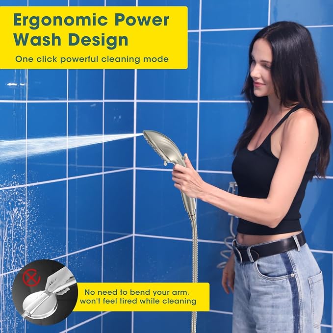 High Pressure Filtered Handheld Shower Head, Brushed Nickel | 80" Long Stainless Steel Hose, Built-in Power Wash, Anti-clog Nozzles, Filter Beads for Hard Water, Remove Chlorine