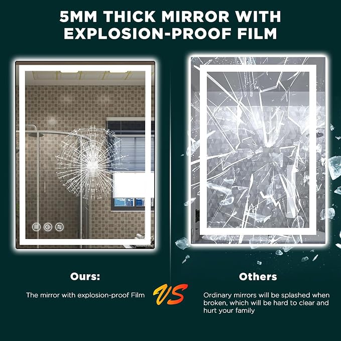 32" x 24" LED Bathroom Mirror with Lights, Memory Vanity Mirror | Anti-Fog, 3 Color Modes, Dimmable, Front Lit, Memory Function, Tempered Glass, Lighted Bathroom Mirror for Wall