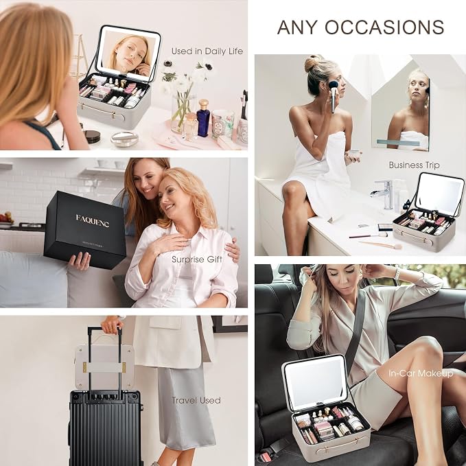 Faquenc Leather Makeup Case with LED Lighted Mirror 11.4 Inch Travel Makeup Bag Adjustable Brightness in 3 Colors Cosmetic Organizer Artist Storage Bag with Dividers Brush Holder Bag Vanity Pale Gold
