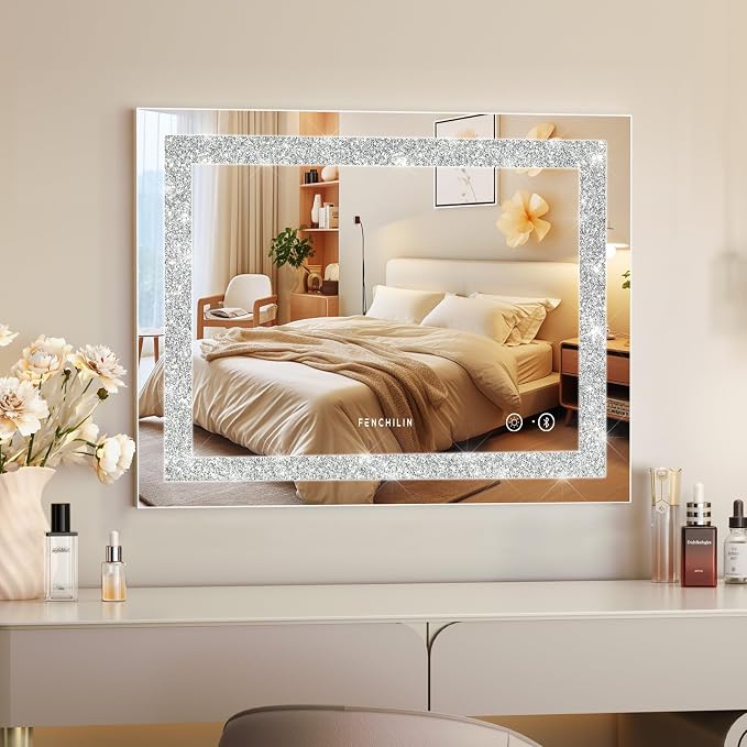 FENCHILIN Vanity Mirror with Lights 23” x 18” Hollywood Makeup Mirror with Light Strip Smart Touch Control 3 Colors Dimmable & 10X Magnification Tabletop White