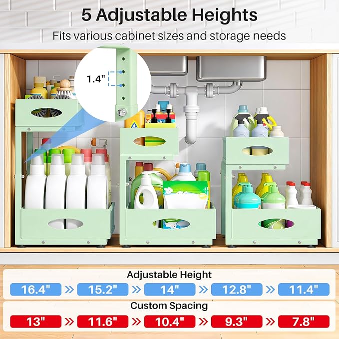 Under Sink Organizer, 2 Pack 2 Tier Pull Out Under Cabinet Organizer Shelf with Pad for Framed Cabinets, Metal Slide Out Under Sink Storage, Mesh Sliding Drawers for Kitchen Bathroom Laundry, Green