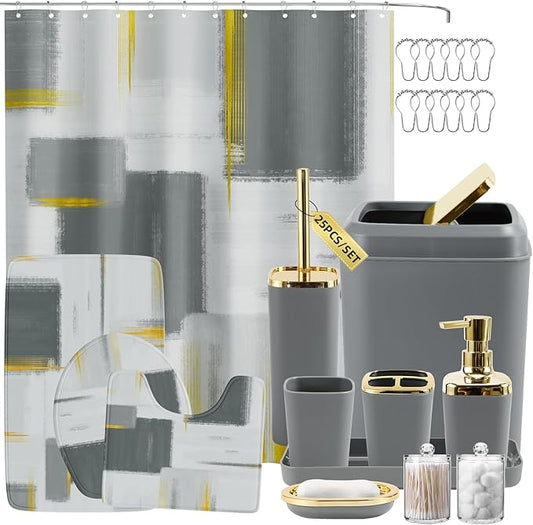 XLHOMO Bathroom Set - Grey and Gold Bathroom Accessories Set, Bathroom Sets with Shower Curtain and Rugs, Grey Shower Curtain Set with Bathroom Trash Can, Soap Dispenser, Soap Dish for Home Decor