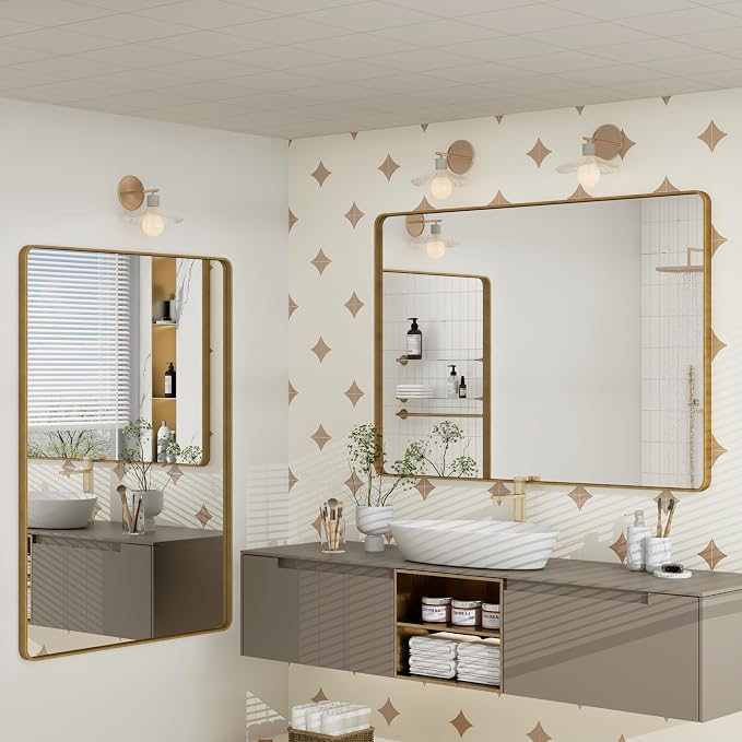 2 Pack of 24x36 Inch Gold Bathroom Vanity Mirror | Rounded Rectangle Gold Metal Mirror, Brushed Gold Brass Frame, Wall-Mounted, Anti-Rust, Hangs Horizontally or Vertically