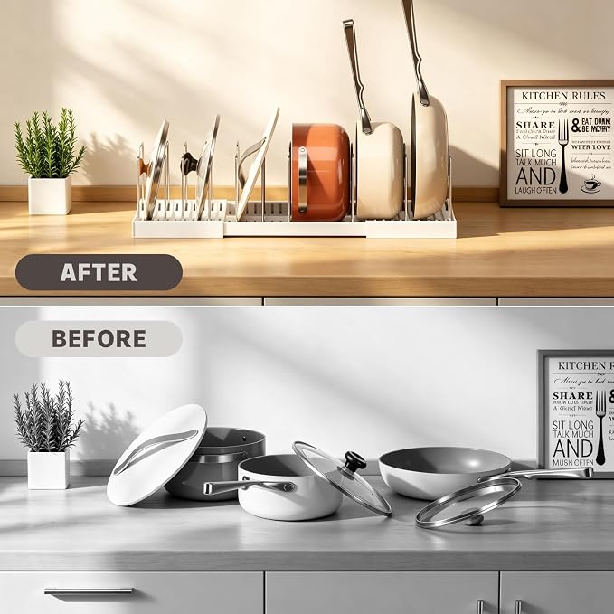 Magheo Pots and Pans Organizer Under Cabinet, Expandable 12.6"-22.8" Kitchen Cabinet Organizer Holder with 10 Adjustable Dividers for Food Storage Container Lid, Cookie Sheet, Cookware(1 Pack, White)