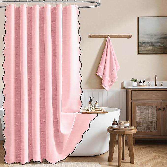 Extra Long Boho Scalloped Linen Textured Shower Curtain, 72x96, Pink | Extra Tall Size, 230GSM Waterproof Polyester, Heavy Duty Fabric, 12 Plastic Hooks, Elegant Farmhouse Style, Machine Washable