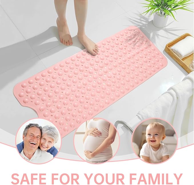 Tree Bud Bathtub Mats for Shower Tub Non-Slip Bath Mat 39 x 16 Inch Extra Long Shower Mat, Bath Tub Mat for Bathroom with Machine Washable, BPA Free for Kids (Opaque Pink)