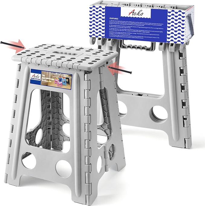 ACKO Folding Step Stool 17.5 Inch, 400 lbs Capacity Foldable Stools, Gray | Portable Heavy Duty Collapsible Foot Stool with Handle for Adults & Kids, Non-Slip, Safety Lock, Kitchen Bathroom Outdoor