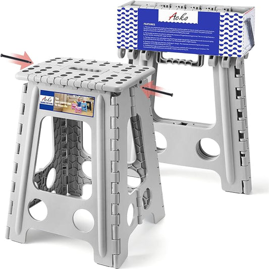 ACKO Folding Step Stool 17.5 Inch, 400 lbs Capacity Foldable Stools, Gray | Portable Heavy Duty Collapsible Foot Stool with Handle for Adults & Kids, Non-Slip, Safety Lock, Kitchen Bathroom Outdoor
