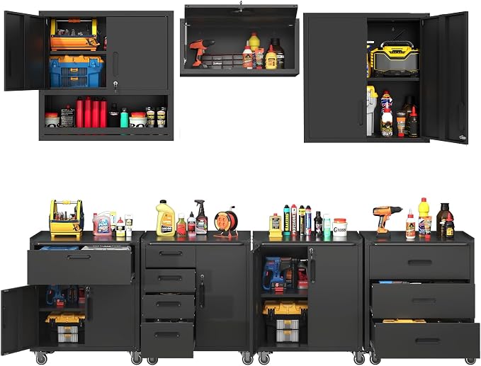 Garage Storage Cabinet System,Wall Cabinet & Locking Rolling Tool Cabinet with Doors and Adjustable Shelves
