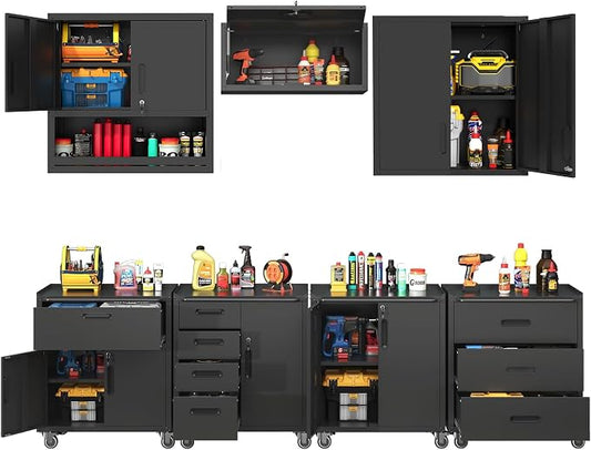 Garage Storage Cabinet System,Wall Cabinet & Locking Rolling Tool Cabinet with Doors and Adjustable Shelves