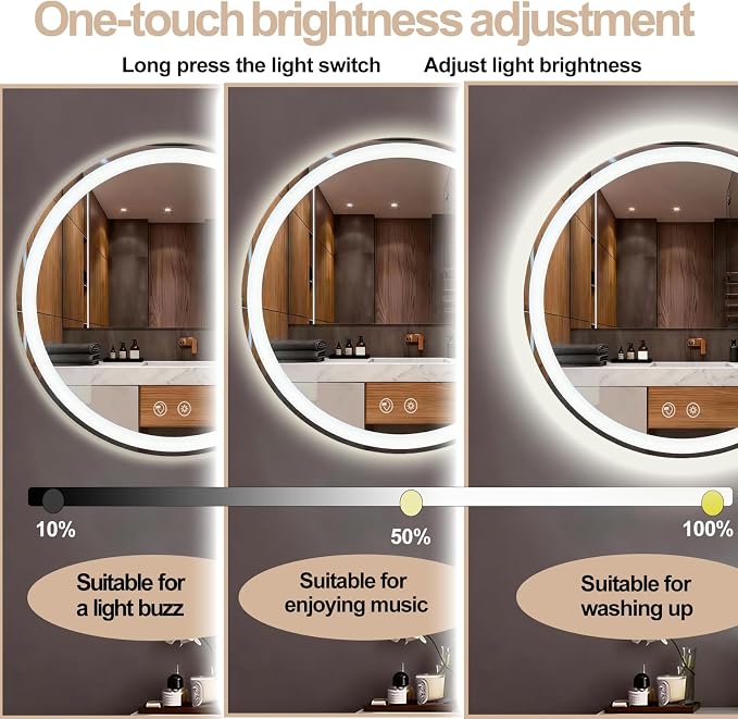 LTFUUAI 24" Round LED Bathroom Mirror with Lights, Front & Back Light | Lighted Bathroom Mirror, Touch 3-Color Stepless Dimming, Wall Mounted, Anti-Fog Shatterproof, UL Listed