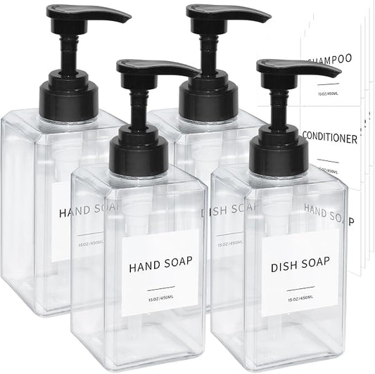Clear Soap Dispenser with Waterproof Labels, Thickened Plastic Hand Soap Dispenser for Bathroom, Kitchen Dish Washing Liquid Bottles, Shampoo and Conditioner Bottles with Funnel (15oz 4Pack Clear)
