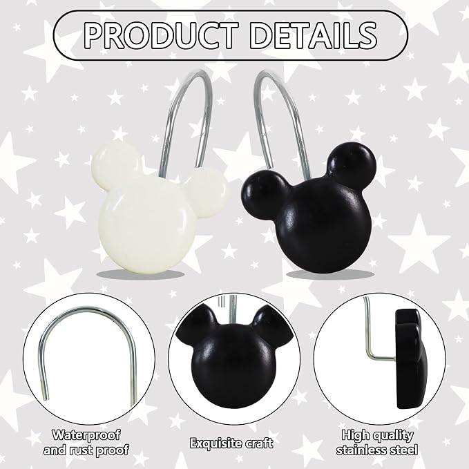 12-Piece Black White Mouse Shower Curtain Hooks for Bathroom | Decorative Shower Curtain Hooks, Stainless Steel Shower Hangers Rings