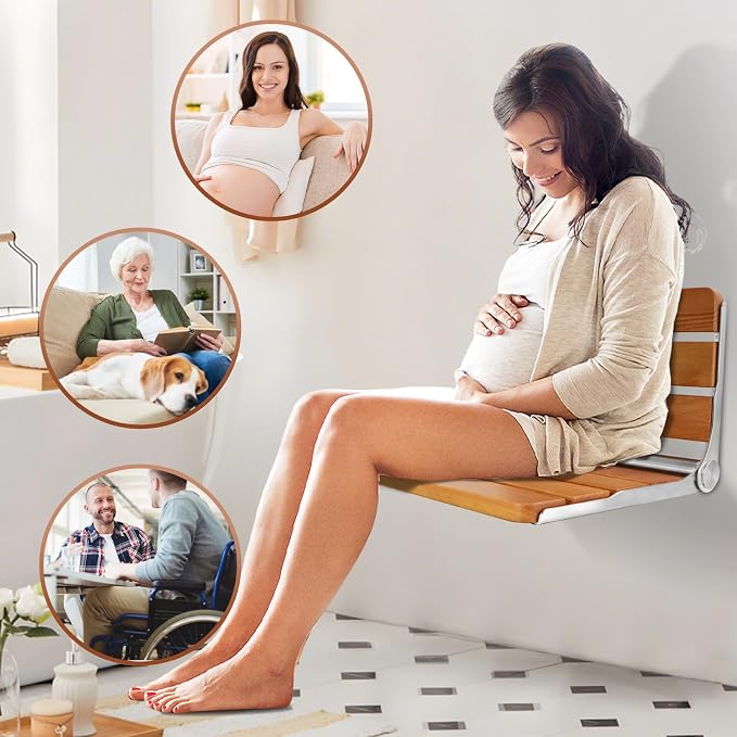 Foldable Shower Seat Wall Mounted 18 in Wide, Teak Bench for Small Shower | Foldable Design, Shower Use