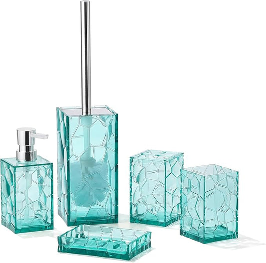 Clear Acrylic Bathroom Accessories Set - Rust-Free, Transparent Design - Includes Soap Dispenser, Toothbrush Holder, Cup, Soap Dish, and Toilet Brush 5-Piece (Teal Blue) | Includes Soap Dispenser Toothbrush Holder Cup Soap Dish and Toilet Brush