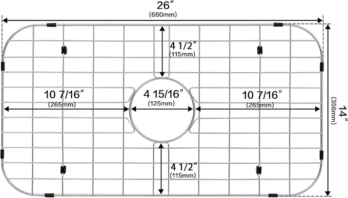 LQS Kitchen Sink Bottom Grid and Sink Protector, Sink Rack for Bottom of Grid 26" x 14" with Center Drain Hole for Handmade Single Bowl, Stainless Steel Sinks Grid, Kitchen Sinks Grate