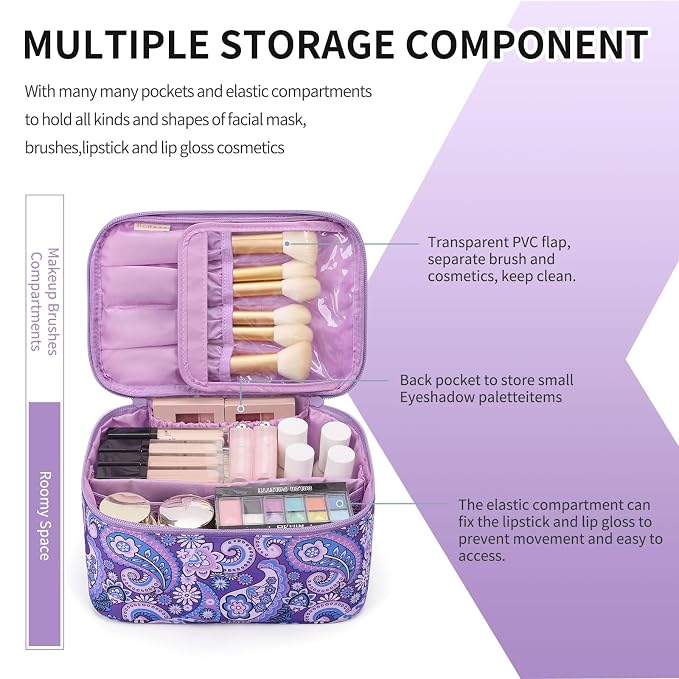 Makeup Bag - Portable Large Capacity Travel Cosmetic Case for Women with Handle and Divider Toiletry Organizer for Girls on the Go -Purple