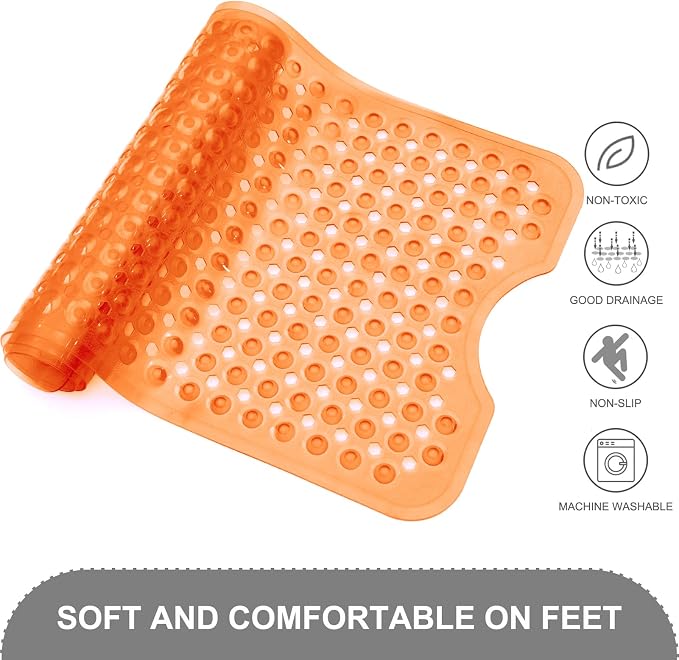 TEESHLY Bath Tub Shower Mat, Non Slip Bathtub Floor Liner Mats with Suction Cups and Drain Holes, Machine Washable Bathmat for Bathroom Floor Safety, 40 x 16 Inch, Clear Orange