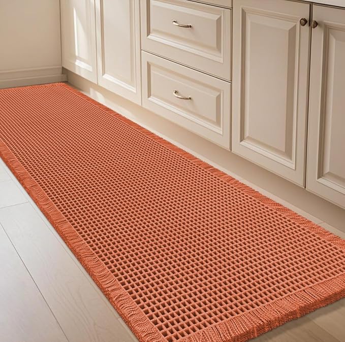 Waffle Runner Rug Burnt Orange 6'x2'(72" x 24"), Boho Woven Modern Bath Mat, Absorbent Non Slip Bathroom Rugs, Soft Washable Rugs with Tassels for Bedroom, Kitchen, Shower, Tub