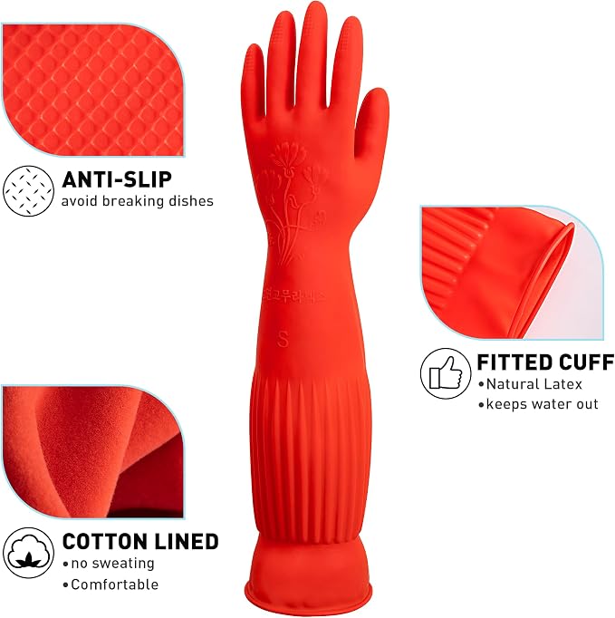 ThxToms Rubber Dishwashing Cleaning Gloves (2-Pair) - Fleece Lined | Reusable Long Dish Gloves for Washing Dishes, Waterproof Kitchen Gloves with Extra-Long Cuff & Anti-Slip Design, Medium