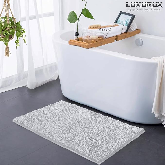 LuxUrux Ultra-Soft Chenille Bath Mat - Plush Microfiber Bathroom Rug, Super Absorbent & Quick-Dry, Cozy Shaggy Design, Machine Washable (24 x 36 inches, White)