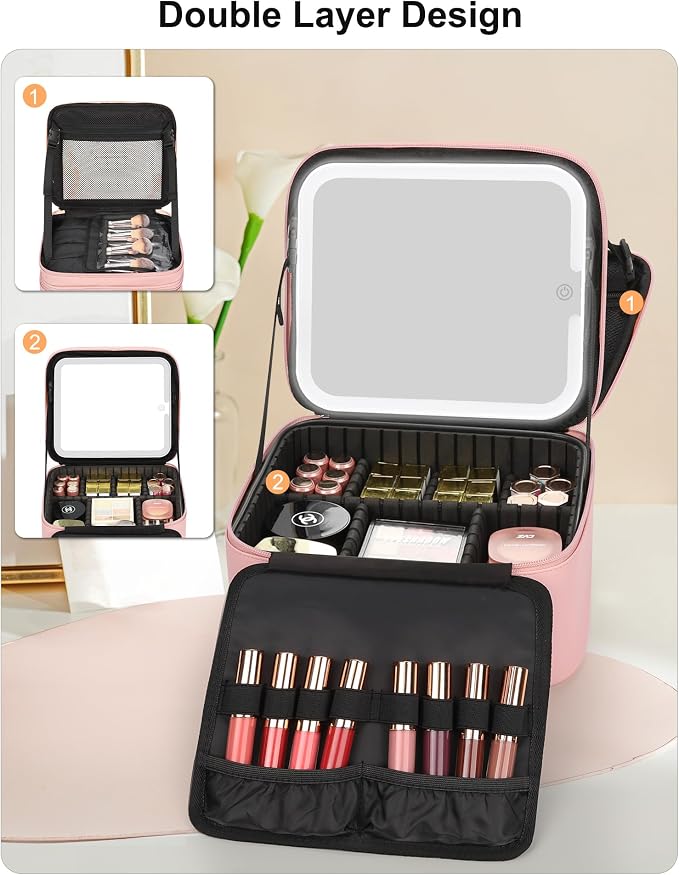 Relavel Makeup Bag with LED Mirror, Small Travel Makeup Case, Pink | Double Layer Cosmetic Box with Handle, Waterproof Make Up Storage, Rechargeable Led Mirror, Removable Dividers