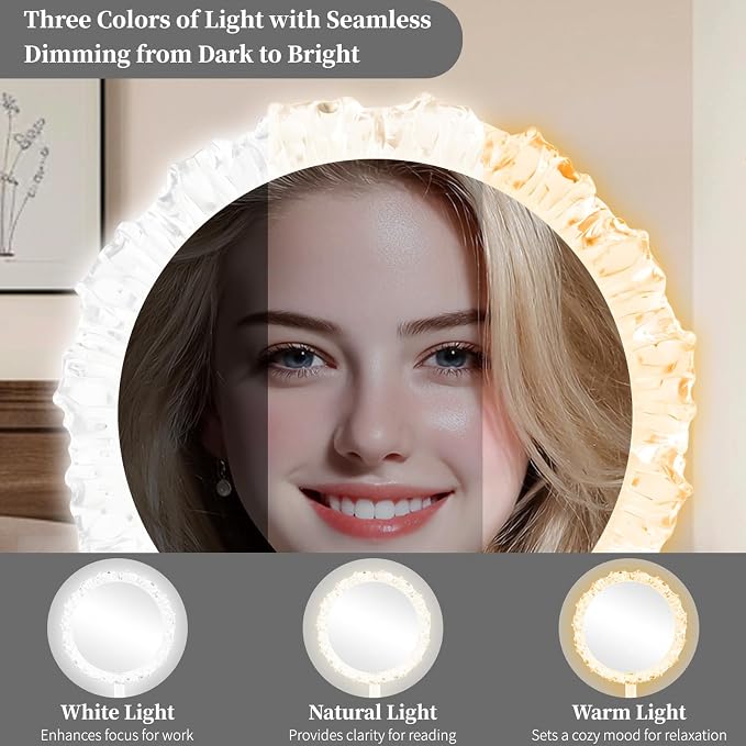 10-Inch Lighted Makeup Mirror, 3 Color Modes, Adjustable | Angle-Adjustable Vanity Mirror with 80 LED Lights; short press to change color temperature, long press for 0-100% dimming