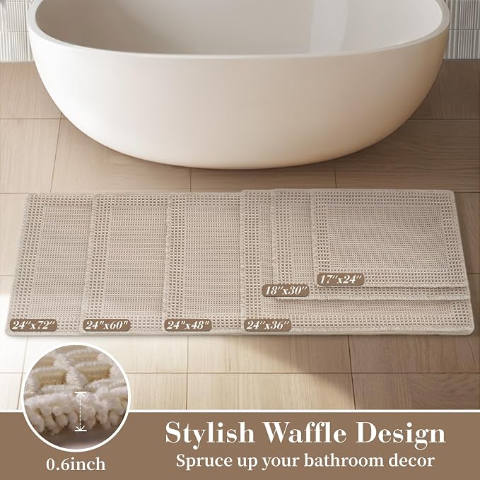 RESARE Waffle Bathroom Runner Rugs, Non Slip Boho Bath Mat 24x48 Pale Beige | Long Absorbent Bathroom Floor Mats Machine Washable Quick Dry, Soft Solid 2'x4' Bath Rugs with Tassels, Ideal Farmhouse Decor
