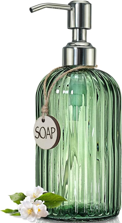 JASAI 18Oz Green Soap Dispenser with Rust Proof Pump | Refillable Bathroom Soap Dispenser with Thick Glass, Kitchen soap Dispenser for Dish soap, Hand Soap, Lotion, Body Wash