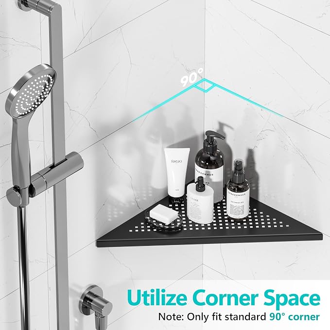 Qeke Bathroom Corner Shelf, Recessed 12" Shower Shelf Caddy, SUS304 Stainless Steel Shelf Wall Mount Triangular, No Drilling, Matte Black | 304 Stainless Steel Grout in Bathroom Corner Shelves, Bathroom Shelf for Tiled Wall, Rustproof, No Drilling Requ...