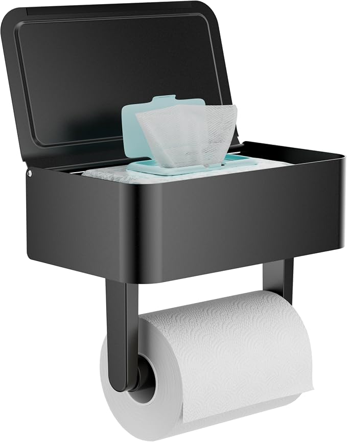 Toilet Paper Holder with Shelf - Flushable Wipes Dispenser & Storage Fits Any Bathroom, Keep Your Wet Wipes Hidden - Stainless Steel Wall Mount Bathroom Organizer -（Matte Black, Regular roll）