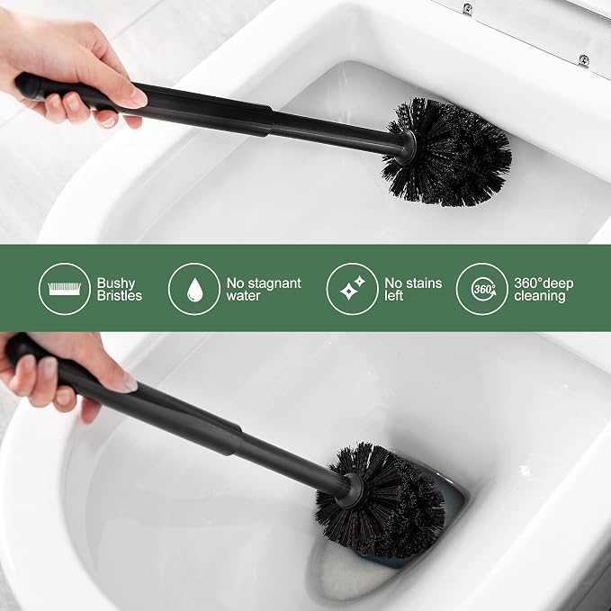 Eyliden Toilet Plunger and Brush Set, 2-in-1 Compact Holder, Black | Unclogs Toilets, Deep Cleans Bowls, Nylon Bristles, Rubber Cup, Durable Plastic Caddy, Space-Saver, Bathroom Cleaning Tools