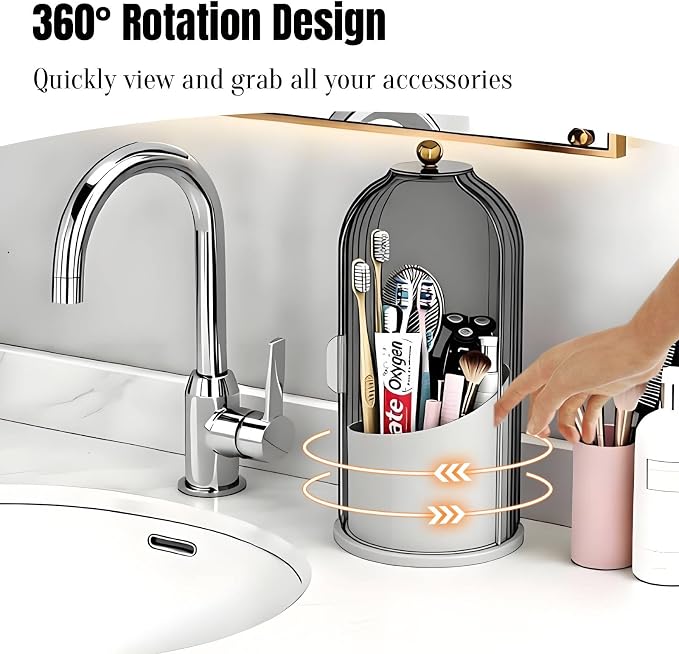 JEESA Dustproof Toothbrush Holder with Cover, Grey/White | 360° Rotating, 180° Sliding Lid, 3 Slots, Toothbrush Organizer, for Bathroom Countertop