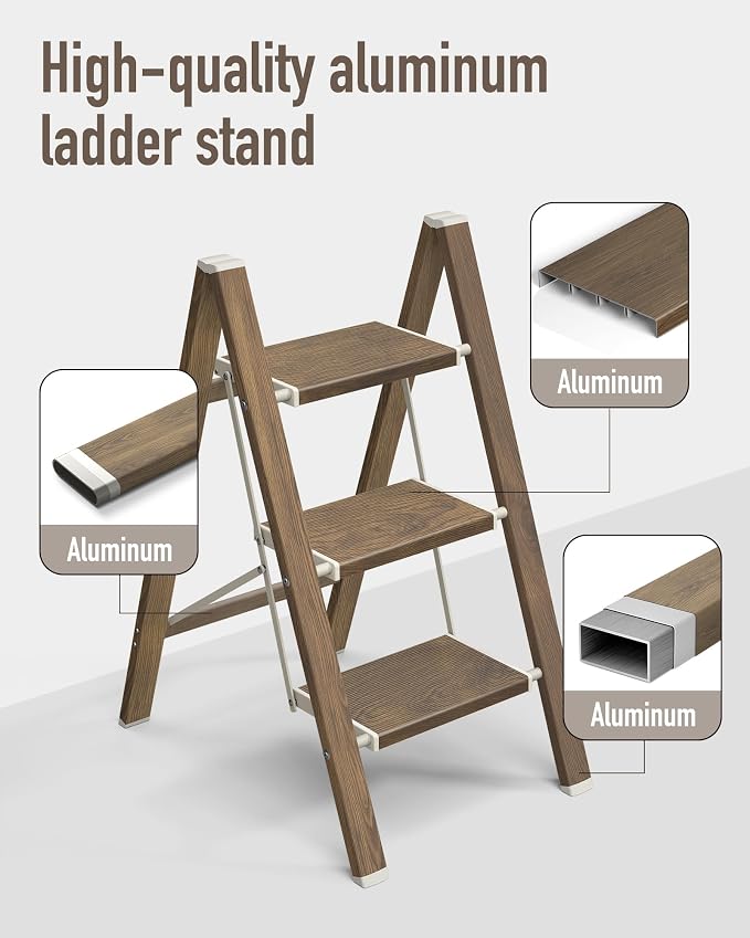Mayi Plus 3 Step Stool Foldable, Aluminum, Lightweight Step Ladder | Extra-wide anti-slip folding steps with 330 lbs, for home,kitchen,office,outdoor,Cherry woodgrain
