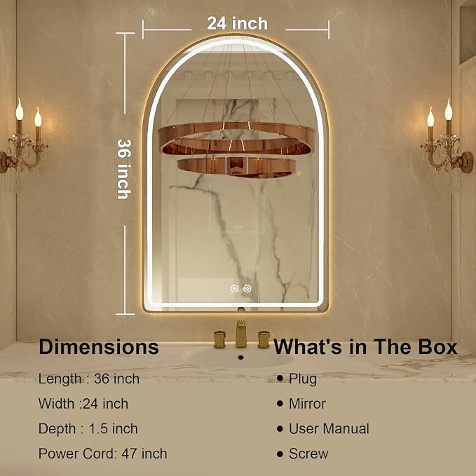 24"x36" Arched LED Bathroom Mirror, Gold Framed LED Bathroom Mirrors with Front Light and Backlit, Anti-Fog, Dimmable, 3 Colors, Memory Function, Arch Smart Vanity Mirror