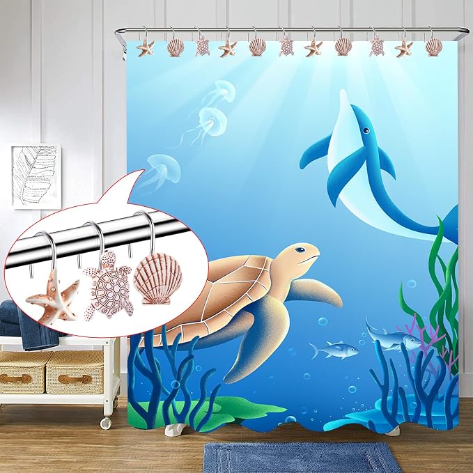 Decorative Shower Curtain Hooks,12Pcs Seashell Turtles Shower Curtain Rings | Ocean Shower Curtain Hangers Theme Bath Shower Hooks Decor for Beach Ocean Themes