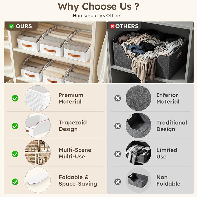 Fabric Storage Bins for Organizing - 10 Pack Large Trapezoid Collapsible Storage Bins with Front Handle, Closet Organizers and Storage for Bedroom, Home Shelves, Small Spaces, White