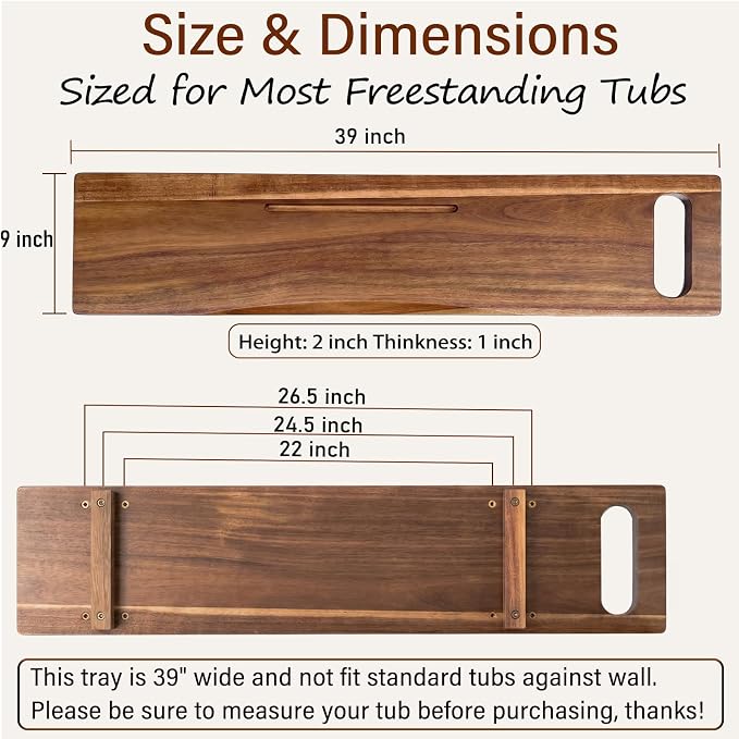 Adjustable Acacia Wood Bathtub Tray Caddy, 39" L with Handles | Adjustable, for Freestanding Tub, Luxury Spa Bathroom Tray Organizer, Bath Tub Accessories for Women, Housewarming Gifts