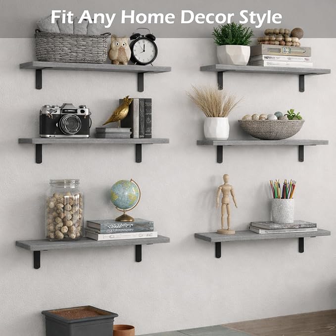 Floating Shelves Set of 6, Wooden Floating Shelves for Wall Decor, Farmhouse Shelf for Bedroom, Wall Mounted Bathroom Storage Shelves, Floating Book Shelves for Living Room