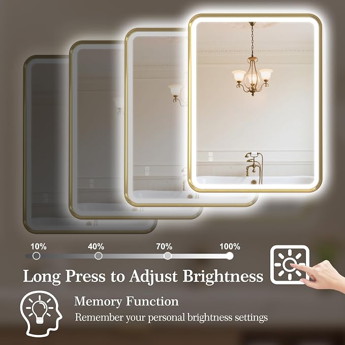 S'bagno 32X24 Gold LED Mirror for Bathroom with Frontlit & Backlit, LED Bathroom Mirror with Metal Frame, Anti-Fog, Stepless Dimmable, 3 Colors Temperature LED Vanity Mirror(Horizontal/Vertical)