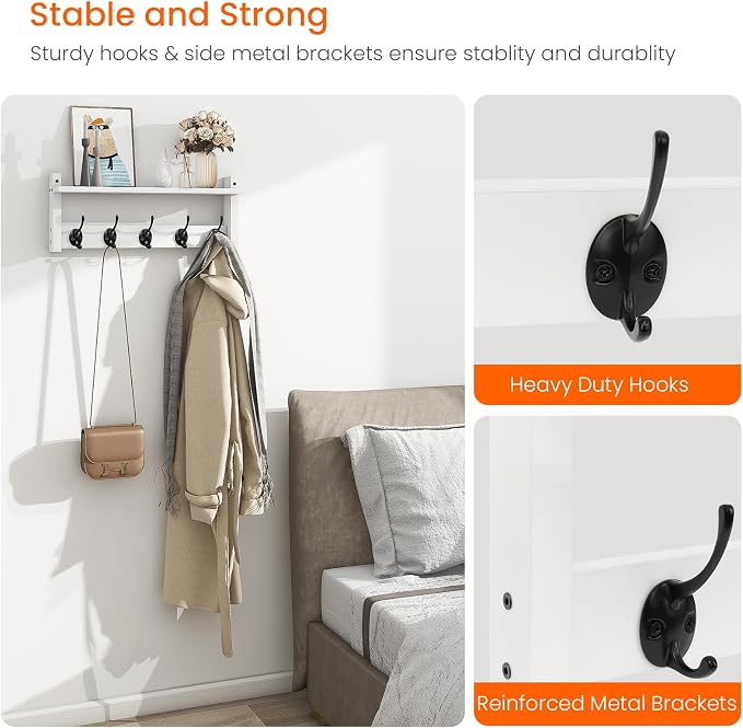 Wall Shelf with Hooks, Coat Rack Wall Mount with Pegs, Hanging Entryway Coat Hanger, Wood and Iron Shelf for Bathroom, Hallway, Bedroom, White