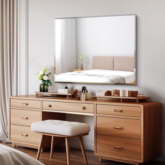 CILIBER Beveled Mirror, 30x36 Frameless Beveled Bathroom Mirrors for Wall, 3mm Tempered Glass Rectangle Vanity Mirror with Beveled Edge, Crystal-Clear, Hangs Horizontally or Vertically