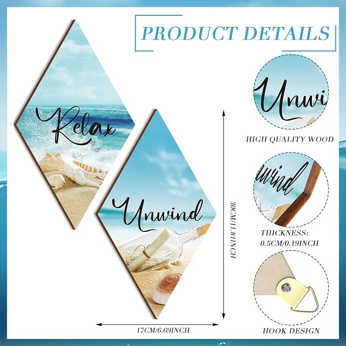 FairySandy 4 Pcs Sea Bathroom Wall Decor 11.8 x 6.69 Inch Seashell Restroom Wall Art Bathroom Coastal Decoration Ocean Sea Minimalist Relax Soak Unwind Breathe Sign for Bedroom Living Room Restroom
