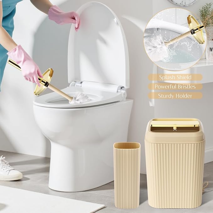 17PCS Bathroom Accessories Set, Beige Bathroom Set Bathroom Accessories Set with Trash Can, Toilet Brush, Toothbrush Holder, Qtip Holder & 3PCS Soap Dispenser