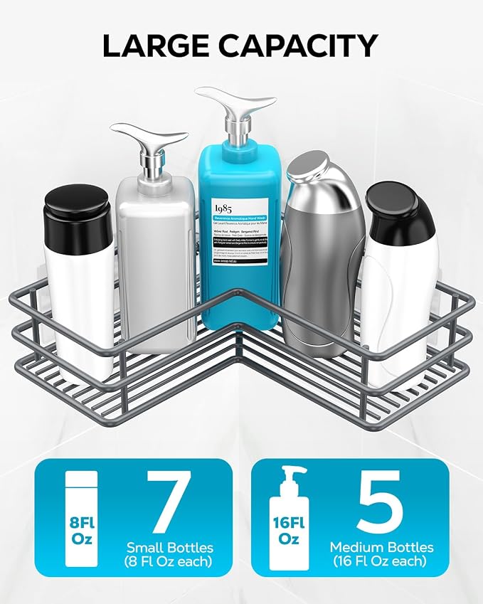 Nieifi Corner Shower Shelves, Adhesive Shower Caddy, Bathroom Organization | Stainless steel, 2 pack, wall mounted, bathroom shelves, shampoo and soap holder, bathtub storage, with hooks, gray