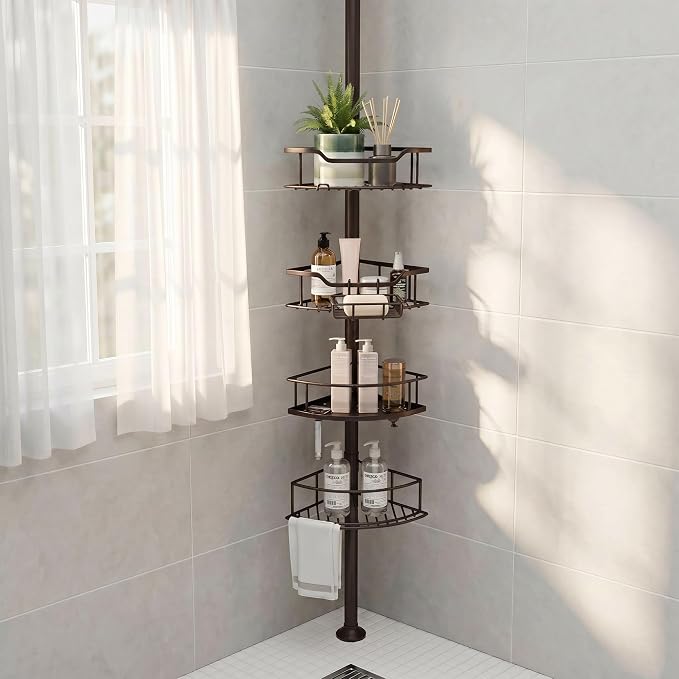 Corner Shower Caddy Tension Pole, 4-Tier Fan-Shaped Adjustable Rustproof Bathroom Organizer Shelves, 47"-125'', No-Drill Quick Installation for Inside Shower, Bathtub, Brown (BROWN)