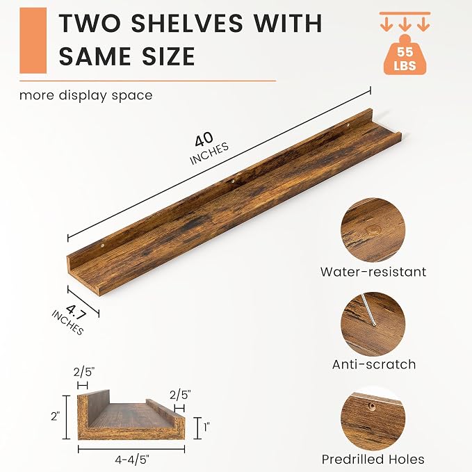 Picture Ledge Shelf, Floating Shelves Set of 2, 40 Inches Nursery Book Shelves for Toys Storage, Kids Bookshelf Wall Mounted for Living Room Bedroom Decor Books Photo Frames, Rustic Brown