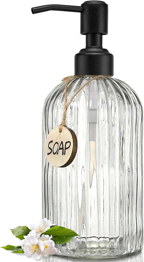 JASAI 18Oz Simple Glass Soap Dispenser with Black Rust Proof Pump. | Refillable Kitchen soap Dispenser with Vertical Stripe, Bathroom Soap Dispenser for Dispense Hand soap, Dish Soap, Lotion.