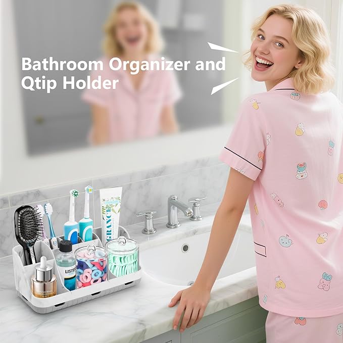 GFWARE Marble Bathroom Toothbrush Holder Set with 2 Qtip Holder Dispenser | Detachable 7 Slots Bathroom Accessory Set, Kids Bathroom Sink Counter Set, Bathroom Essentials Decor, Anti-Slip, Marble-Look