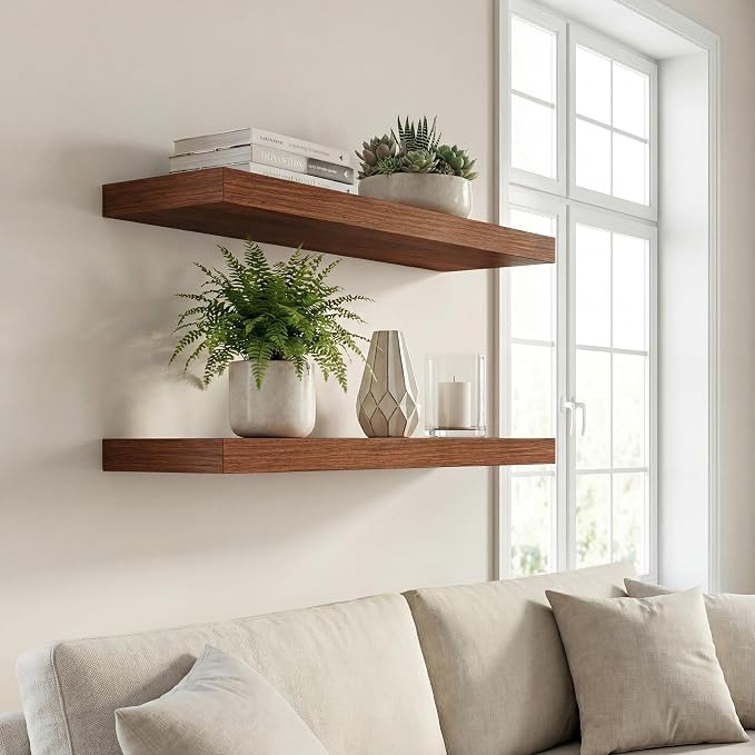 24 in Floating Shelves for Wall Decor Color Walnut,Pack 2 | Modern floating shelves for living room,bedroom,kitchen and bath.Organize & display books,photos and decor.easy mount,sturdy.